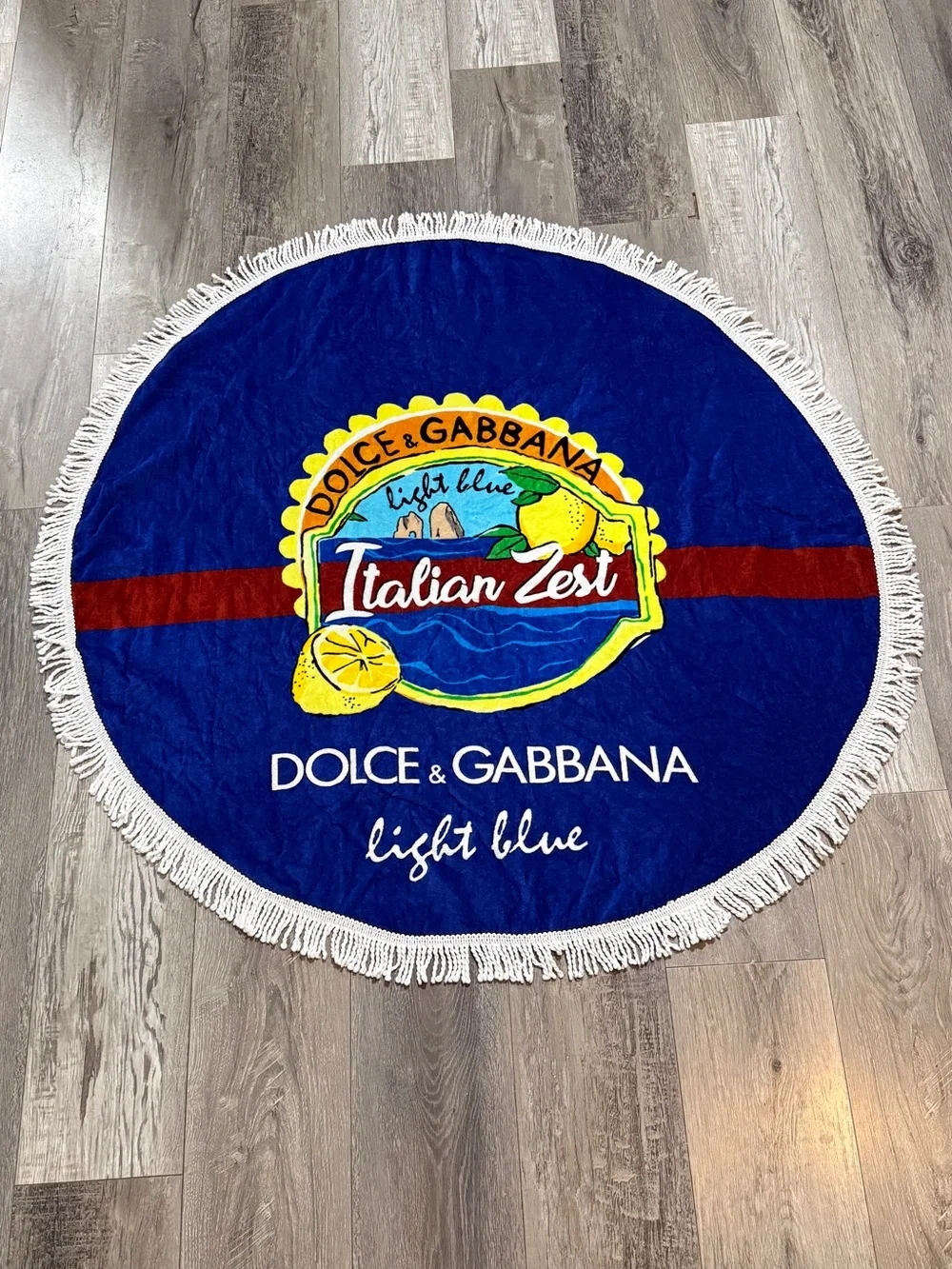 Dolce & Gabbana Light Blue Italian Zest Round Beach Towel Fringe VIP Promo